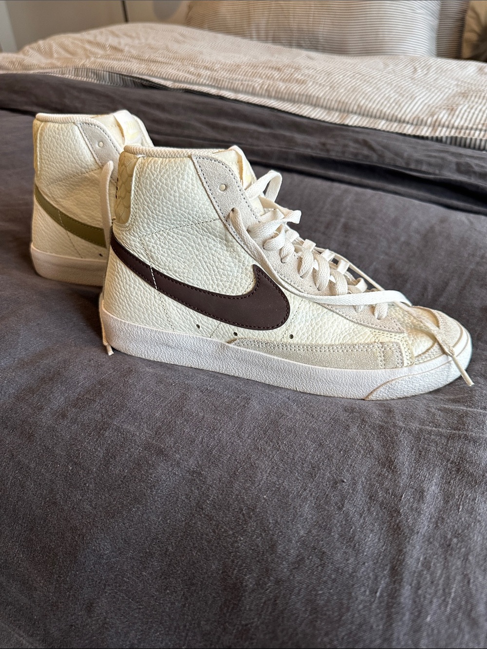 Nike High-Top Sneakers in Cream with dual color Olive and Brown Swoosh